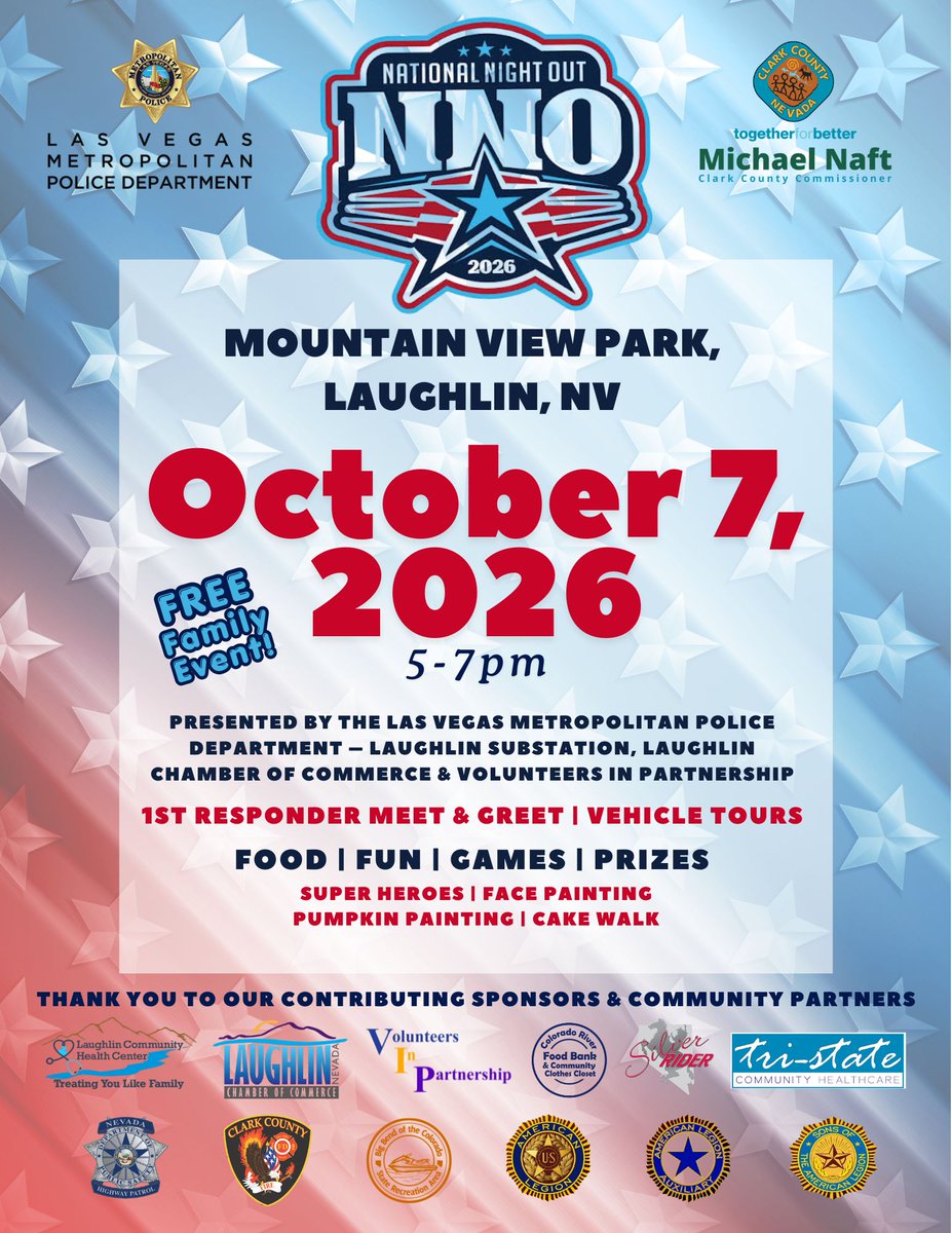 CommishNaft's tweet photo. Enjoy National Night Out festivities on October 6 &amp; 7👮 🚔 NNO is a chance to meet local law enforcement and connect with neighbors. Events will be taking place at Town Square, in Searchlight, and in Laughlin. Check out the flyers for additional details. https://t.co/dA5ytoGIdj