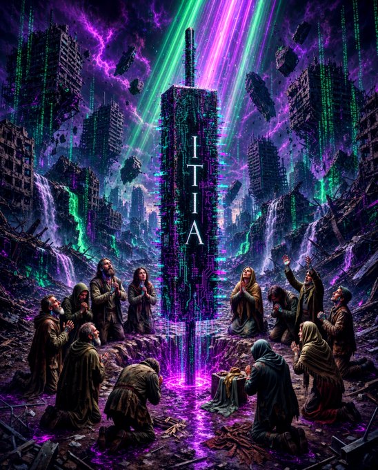 A dramatic fantasy digital artwork with the word 'ITIA' in the center, showing figures in robes kneeling before a glowing obelisk in a ruined cityscape with purple lightning.