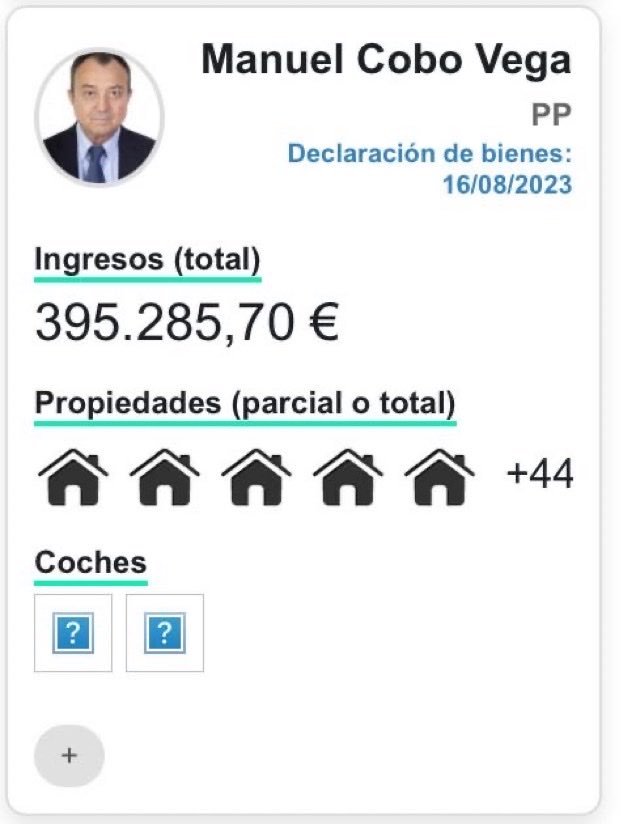 FonsiLoaiza's tweet photo. Os presento al diputado más rico de España y al mayor capo inmobiliario del Congreso: Manuel Cobo del PP de Feijóo. Es habitual en La Sexta con Ferreras y en el palco del Bernabéu de Florentino Pérez, y despreció a las víctimas del 11-M. https://t.co/7cdro8roe1