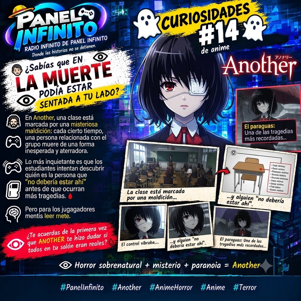 AlxLo03's tweet photo. 👻 CURIOSIDADES #14 — ANIME
¿SABÍAS QUE EN ANOTHER… 👁️
LA MUERTE PODÍA ESTAR SENTADA A TU LADO?
#PanelInfinito #Another #AnimeHorror #Anime #Terror https://t.co/FX0n2gA1CV