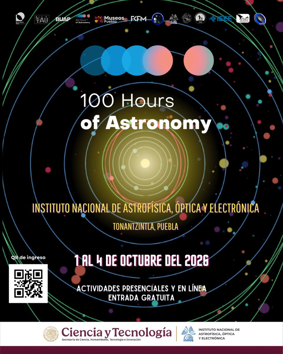 inaoe_mx's tweet photo. Hoy, no se pierdan el segundo día de las 100 Horas de Astronomía. Recuerden que para ingresar al INAOE solo deben presentar el QR de la imagen principal. ¡Los esperamos! https://t.co/YRVyTHo3zG