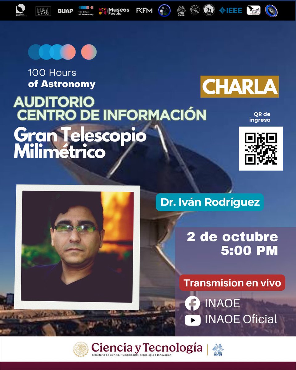 inaoe_mx's tweet photo. Hoy, no se pierdan el segundo día de las 100 Horas de Astronomía. Recuerden que para ingresar al INAOE solo deben presentar el QR de la imagen principal. ¡Los esperamos! https://t.co/YRVyTHo3zG