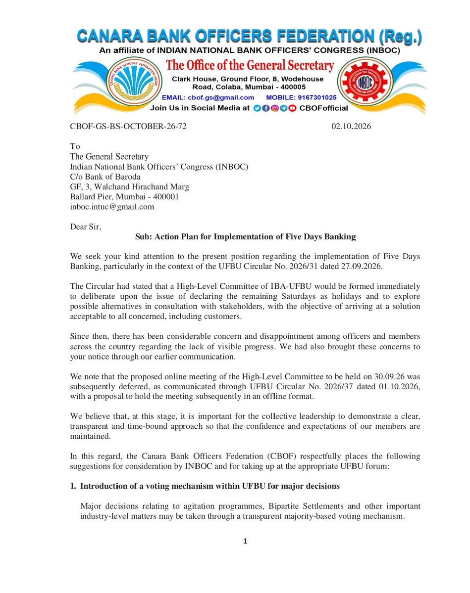 CBOFofficial's tweet photo. 5-DAY BANKING: THE NEXT PHASE

CBOF has placed a clear, time-bound Action Plan for implementation of Five-Day Banking before INBOC, focusing on transparency, accountability and sustained collective action.

Key priorities include transparent UFBU decision-making, recorded committee proceedings, time-bound consultations, customer/public representations and continued efforts until implementation.

@PMOIndia @narendramodi @BricsIndia2026 @DFS_India @FinMinIndia @nsitharaman @PIB_India @airnewsalerts @ndtv @ANI @Reuters @BBCWorld @News24 @PressTV @EconomicTimes @businessline @AIBEAofficial @aiboc_in @ncbeofficial @CBOFofficial @ChVenkatachalam @rupamsmail @nilesh_pawar15 @avijitpandey @kanalmedia23 @Hellobanker_in @idesibanda @bankaffairs @AICCTUhq @sewacomm @uniglobalunion @ilo @psiglobalunion @LabourMinistry @nsitharamanoffc @ChiefIba @ChairmanIba @CLCMOLE @RBI @TheOfficialSBI @BankofBaroda @CanaraBank @BankofIndia_IN @punjabsindbank @pnbindia @UnionBankTweets @IOBIndia @centralbank_in @MyIndianBank @UCOBankOfficial

#5DayBankingNow #UnitedWeStand #5DaysBanking #WorkLifeBalance #OldPensionScheme #StopPSBMerger #IndiaAgainstPrivatisation #SavePSB #SaveINDIA #BankEmployees #BankUnions #BankingSector #PublicSectorBanks #PSB #WorkersUnity #TradeUnions #CollectiveBargaining #BankersUnity #SavePublicSectorBanks #EmployeeRights #WorkersRights #LabourRights #DecentWork #UnitedWeFight #BankingForPeople