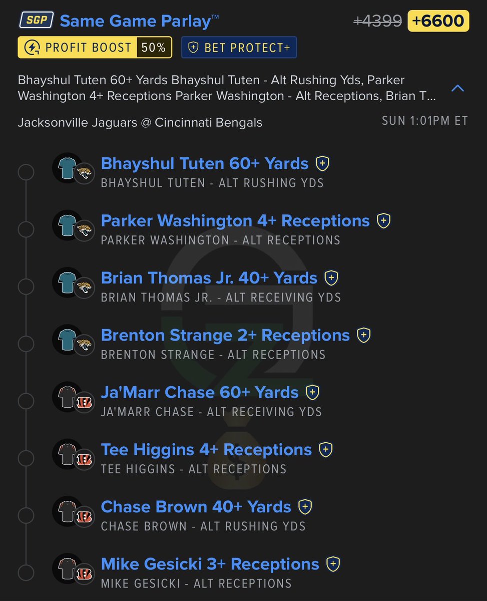 guapzayy's tweet photo. Jaguars vs Bengals SGP (+6600) 

The hooks END Sunday, time to get back in my bag!

@Playbook https://t.co/rSVcdlGZ2G