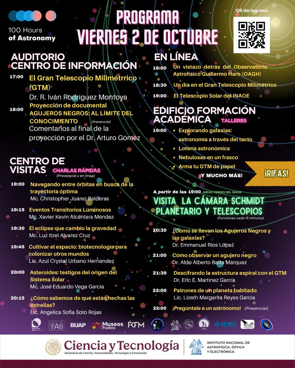 inaoe_mx's tweet photo. Hoy, no se pierdan el segundo día de las 100 Horas de Astronomía. Recuerden que para ingresar al INAOE solo deben presentar el QR de la imagen principal. ¡Los esperamos! https://t.co/YRVyTHo3zG