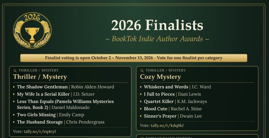 DanielMalAuthor's tweet photo. Here’s the official link indicating my novel Less Than Equals: Pamela Williams Mysteries Series, Book 2 is a finalist.
https://t.co/XFKcXkvqEG
#asmsg #thrillerbooks #mysterybooks #nextchapterpub #kindle
#BookBoost #INDIEBOOKSBLAST #IARTG #booktok #bookstagram #booksky https://t.co/Si5VJ5wh79