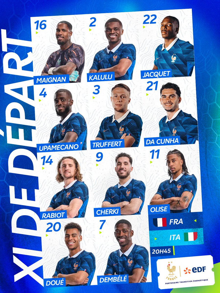 EDF_Foot's tweet photo. 𝗟𝗔 𝗖𝗢𝗠𝗣𝗢📝

Voici les 1️⃣1️⃣ joueurs qui débuteront ce choc face à l’Italie ⚽️💙

#EDFFoot https://t.co/8Un1auoWtu