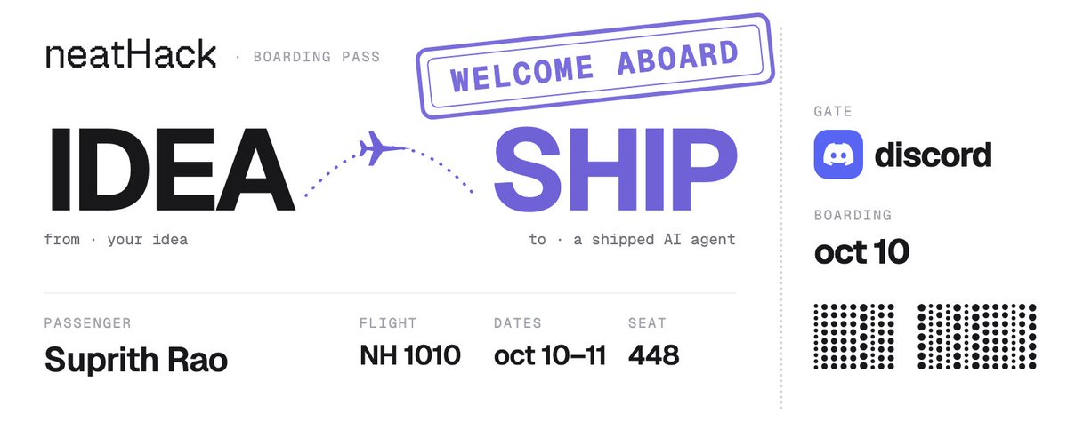 jsuprithrao's tweet photo. Boarding pass secured.
neatHack starts next week and I'm turning an IDEA into a SHIPPED AI agent.
Who else is going? 👀
@neatlogs #neatHack https://t.co/mXJDzdi5TX