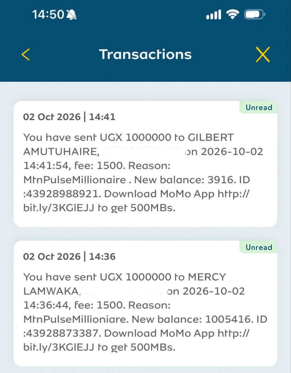 mtnug's tweet photo. UGX 1,000,000 💰2 lucky Pulsers!

CONGRATS to this week’s winners/millionaires🥳

Dial *175*1# to join MTNPulse &amp; play via https://t.co/pdSuvkPe0p 📲 to join the draw!

#MTNPulseXProggie #FreeYoMilliz https://t.co/G5sDoBW3JS
