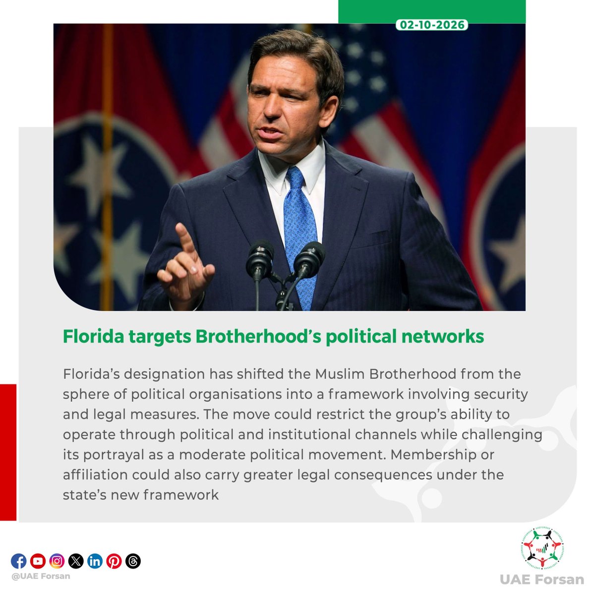 UAE_Forsan's tweet photo. Florida targets Brotherhood’s political networks
#US #Florida #MuslimBrotherhood #MBGlobalTerroristDesignation #Florida_Designates_Muslim_Brotherhood_As_Terrorist_Organization #فلوريدا_تصنف_الإخوان_جماعة_إرهابية #الإخوان_تنظيم_إرهابي https://t.co/kdTBKQw0lC