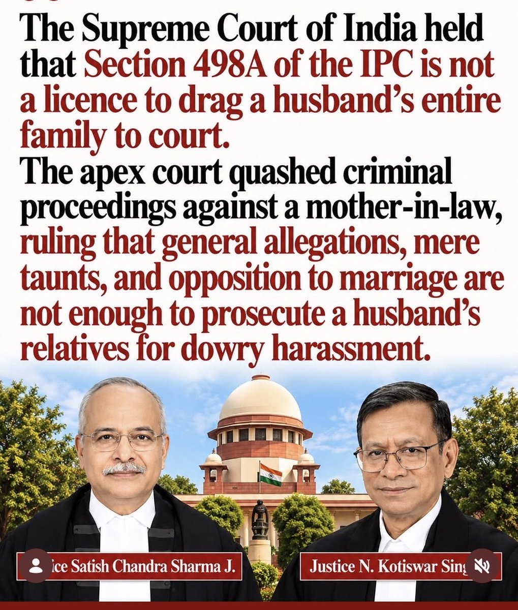 SamSiff's tweet photo. Some observations—

Observations have no meaning when they are never implemented.

The gyan given by the Supreme Court about preventing the misuse of criminal laws by implicating distant relatives in matrimonial cases sounds great.

But if the Supreme Court is so concerned, then why not start taking action against the lower-level magistrates and police officers who allow or put the names of distant relatives into FIRs without proper basis?

Why should a husband and his relatives have to spend lakhs of rupees, travel to the Supreme Court, and file quash petitions just to get their names removed?

Why should the victim of a wrongly registered case bear the financial and legal burden of correcting someone else’s mistake?

If the Supreme Court itself keeps observing this problem again and again, then why is the system not fixing it at the point where the problem actually begins?

Or is the entire process just another way to create more business?