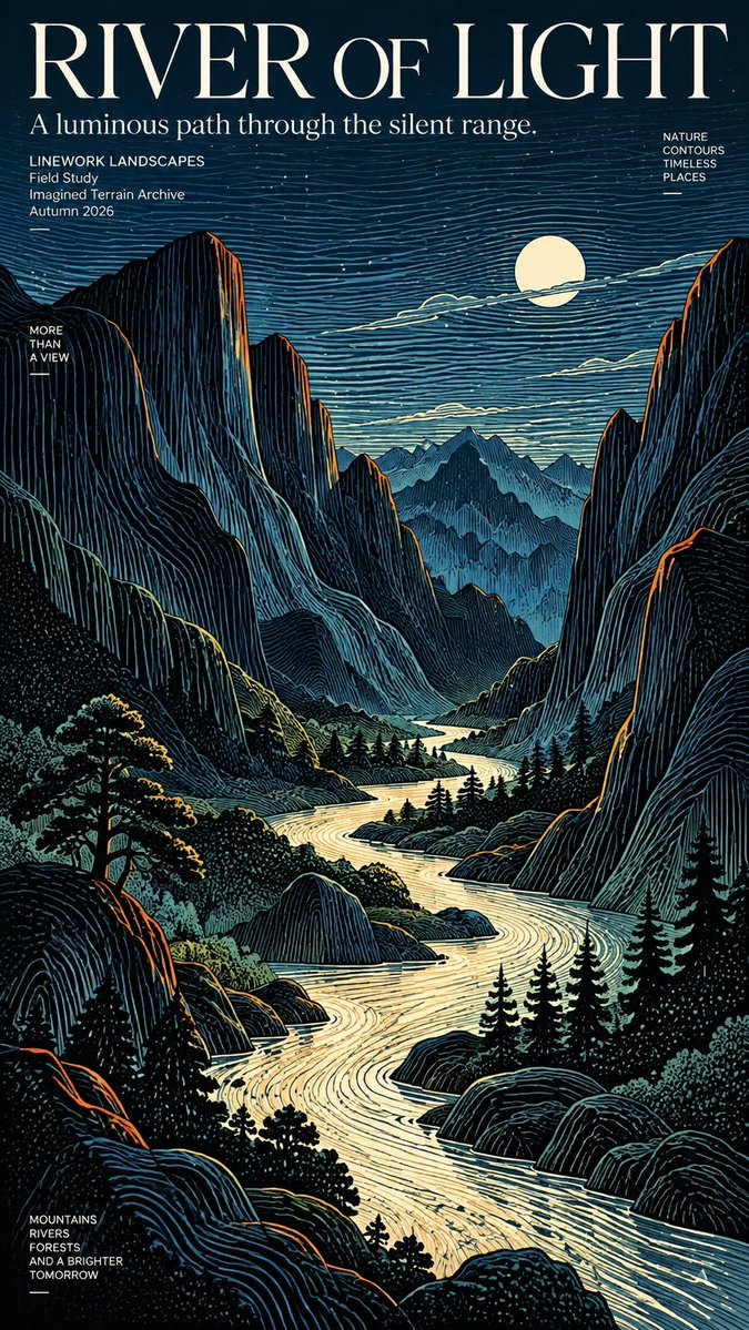 MrLarus's tweet photo. 🌄 Images 2.5 turns landscapes into flowing lines!

Contour linework shapes the mountains, rivers, and skies — bold color brings them to life.

Topographic drawing meets printmaking and editorial poster design!

Prompts below 👇 https://t.co/TlZ8QHVa54