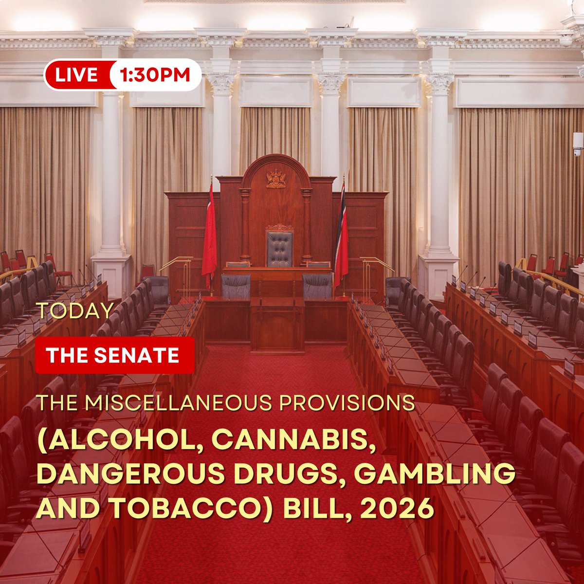 TTParliament's tweet photo. Be viewing the Parliament Channel or ParlView TODAY at 1:30 p.m. as senators add their voices to the debate on the Miscellaneous Provisions (#Alcohol, #Cannabis, #DangerousDrugs, #Gambling and #Tobacco) Bill, 2026 in the Senate.

https://t.co/IR6cGqWtAR

#TTParliamentSenate https://t.co/Z7lo321Ff5