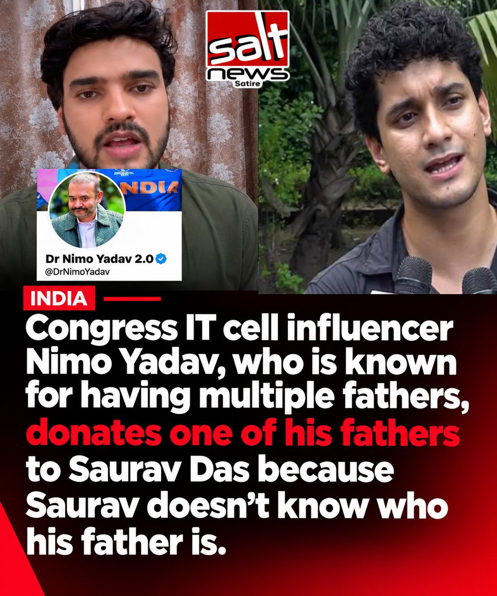 maltnewss's tweet photo. Heartwarming! 
Congress IT cell influencer Nimo Yadav, who is known for having multiple fathers, donates one of his fathers to Saurav Das because Saurav does not know who his father is. https://t.co/8VR9AdZXcn
