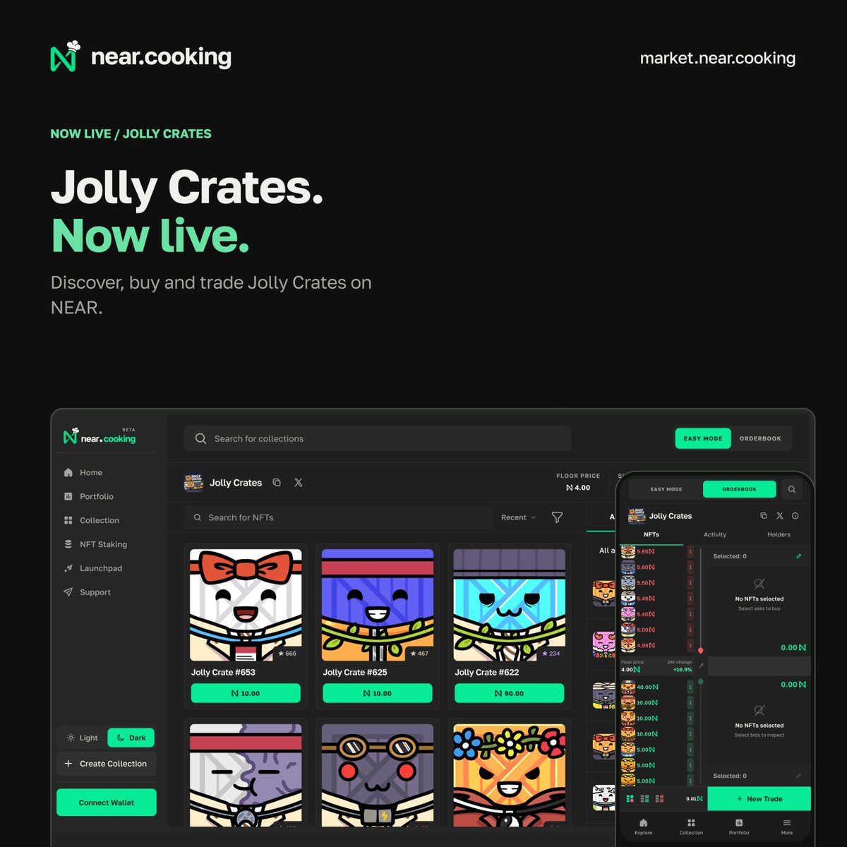 nearcooking's tweet photo. The crates are cracked open.

@JollyCrates trading is live on https://t.co/yjJJWbsyUk.

Easy Mode or orderbook, your call.

It's time to feast 👨‍🍳 https://t.co/Uk9Iz6Wps0