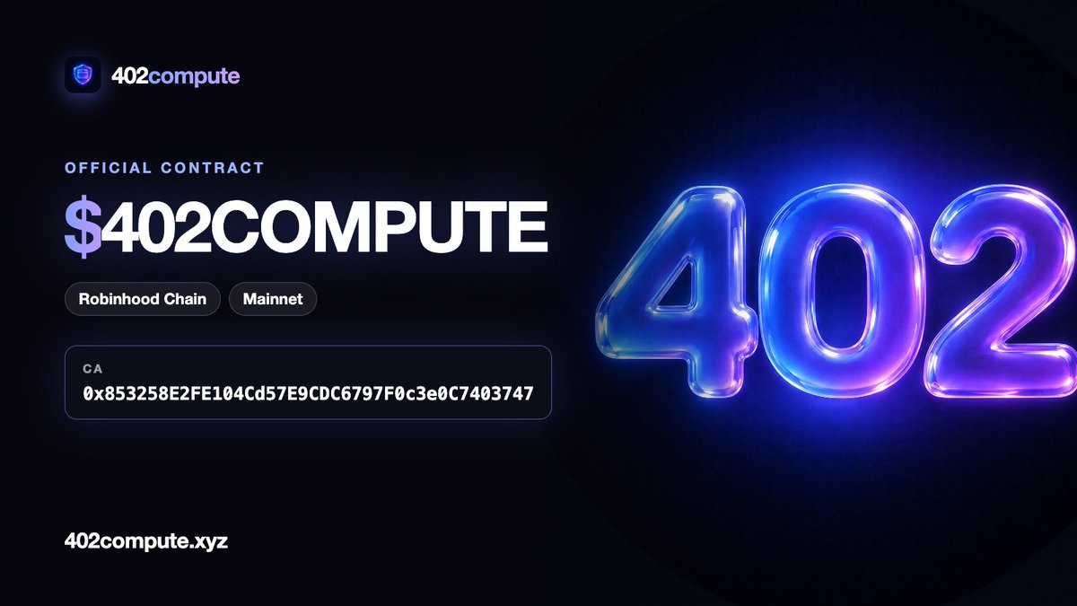 X402_Compute's tweet photo. The official $402COMPUTE contract, on Robinhood Chain mainnet:

0x853258E2FE104Cd57E9CDC6797F0c3e0C7403747

It's also on the sign-in screen at https://t.co/TSbsSoqpPS: one click copies it.

Always check the address there before you do anything. We will never DM you a different one.