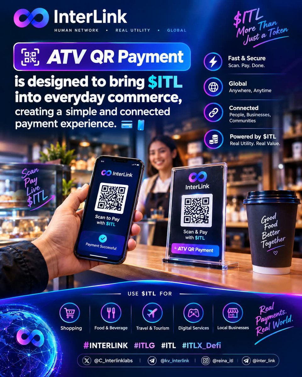 Umakaithi's tweet photo. ATV QR Payment is designed to bring $ITL into everyday commerce, creating a simple and connected payment experience. 💳📱
#INTERLINK #ITLG #ITL #ITLX_Defi
@C_Interlinklabs
@kv_interlink
@reina_itl
@inter_link https://t.co/VndhvmN8oo