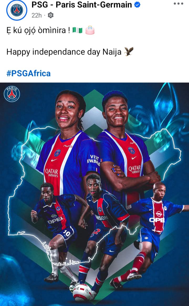 gsbabatunde's tweet photo. PSG wished Nigeria a Happy Independence in Yoruba Language on their Facebook Page and You need to see the Comment Section.......

We Yorubas are blessed beyond Human Comprehension ❤️❤️❤️ https://t.co/exE0zsodCJ