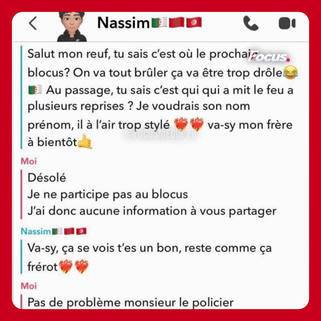 FocusMedia_Fr's tweet photo. 🇫🇷 🤳 INSOLITE — DES POLICIERS DISSIMULENT LEUR IDENTITÉ SUR SNAPCHAT POUR SE FAIRE PASSER POUR DES ÉTUDIANTS

Sur des groupes Snapchat liés aux mobilisations étudiantes, des policiers dissimulent leur fonction et se présentent comme de jeunes étudiants pour tenter d’obtenir des informations. 

Malgré l’utilisation d’un langage « jeune », certains sont rapidement démasqués par les étudiants.