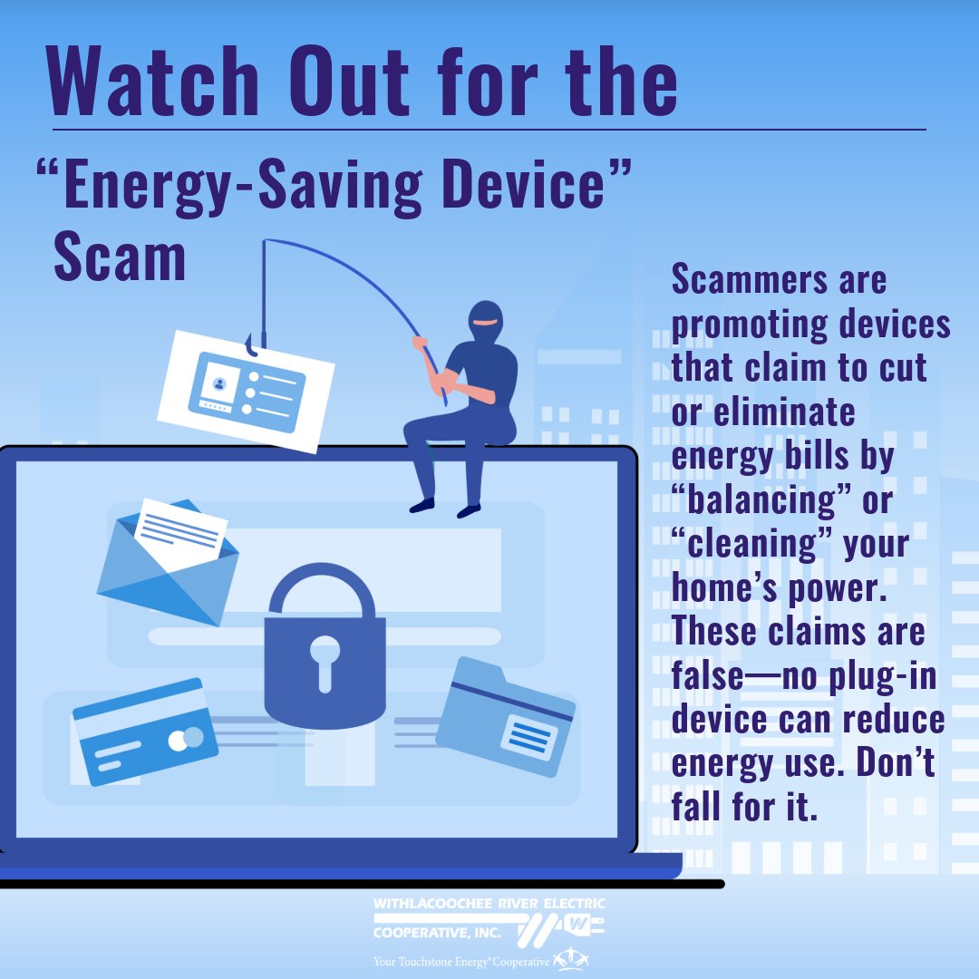 WRECCoop's tweet photo. 🔐⚠️ Don't Fall for Energy-Saving Scams!
If a device claims it can dramatically cut or eliminate your electric bill, think twice. Stay alert, shop from trusted sources, and protect yourself from online scams. Stay informed. Stay secure. 🔒💻
#WRECcoop #OnlineSafety ⚡🔐 https://t.co/G5E6ws9HLS