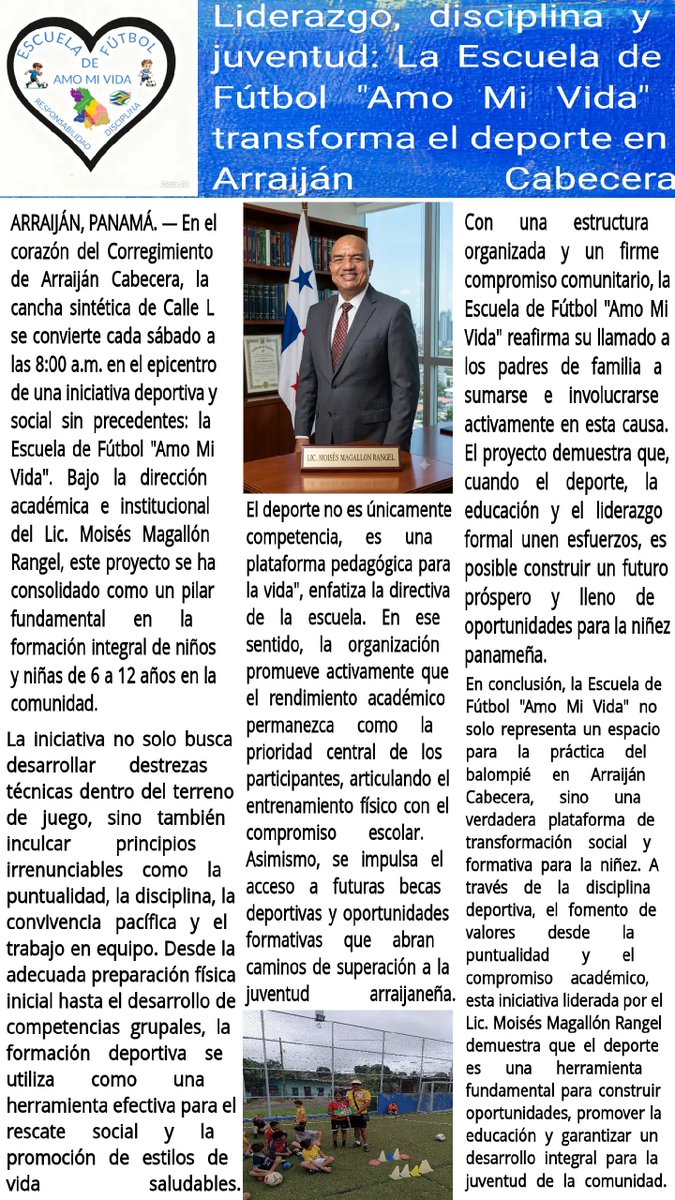MagallonMo25805's tweet photo. Liderazgo, disciplina y juventud: La Escuela de Fútbol "Amo Mi Vida" transforma el deporte en Arraiján Cabecera @LuisTejeira9 @MiDiarioPanama @lindabran1 @criticaenlinea @AbdielGTejeira @fepafut @ArraijanTeVe @SoyDeArraijan @ArraijanPTY @NoticiaARRAIJAN @alcarraijan https://t.co/xPnyCFh5Hi