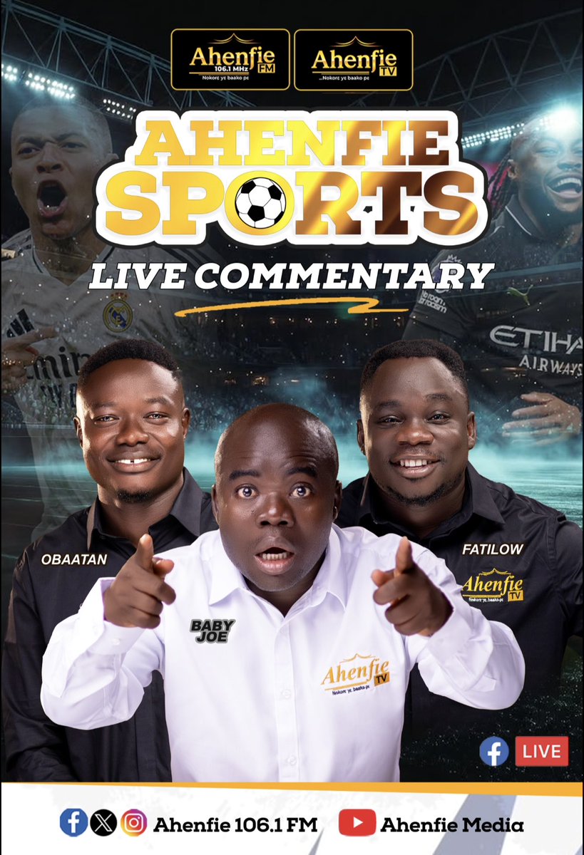 Ahenfie1061fm's tweet photo. Join the undefeated voices of Ahenfie Sports—BABY JOE, OBAATAN, and FATILOW—for a LIVE COMMENTARY experience that will shake the very ground beneath you! 🎙️💥 

Every kick, every save, every single breath-stealing moment will be captured and amplified. #AhenfieSports https://t.co/Zj0UBMradG