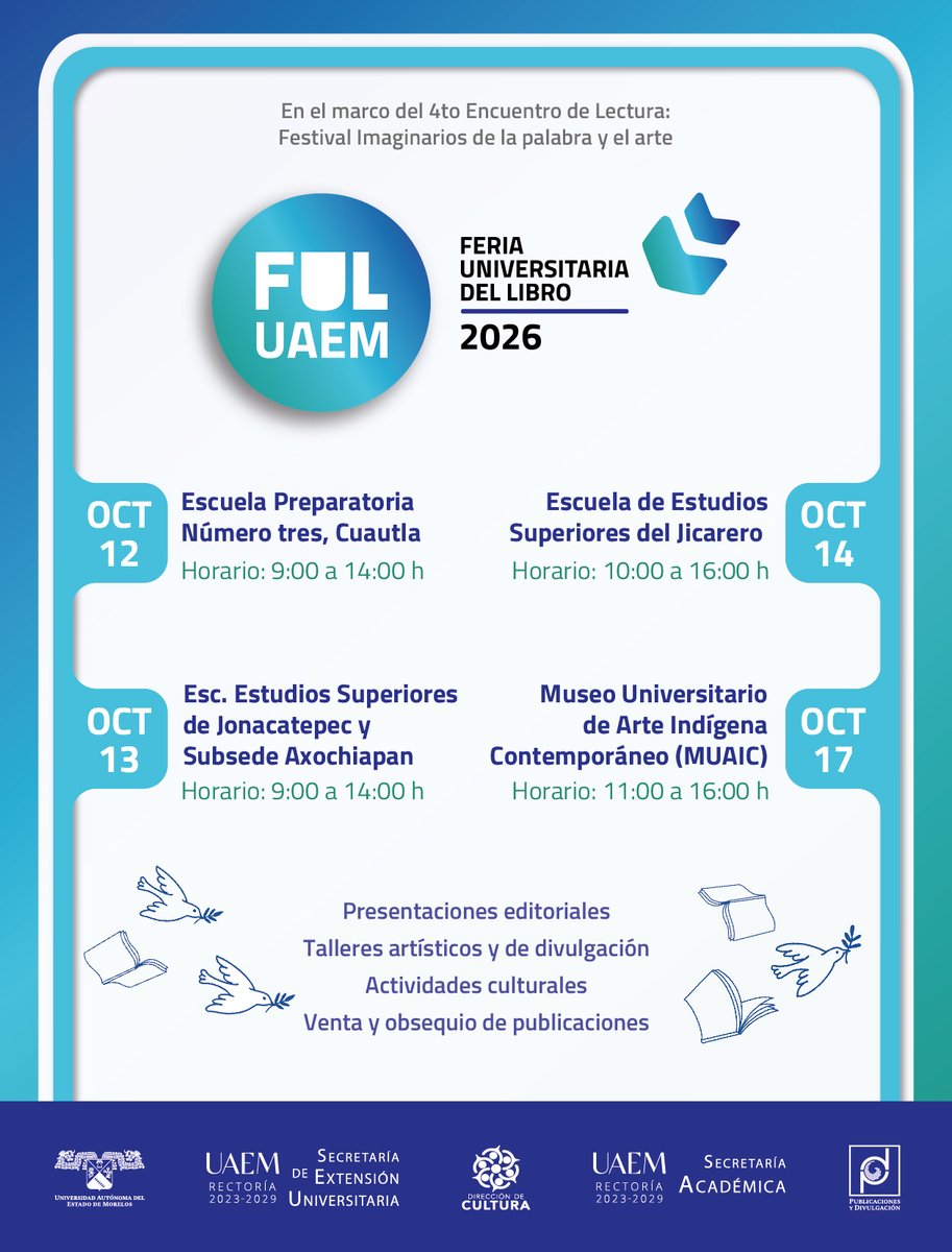 EdicionesUAEM's tweet photo. 📷 ¡Ya viene la FUL UAEM 2026!

Este año, se une al 4.o Encuentro de Lectura: Festival Imaginarios de la Palabra y el Arte, organizado por la Secretaría de Extensión, a través de la Dir de Cultura de la UAEM, para sumar esfuerzos y fortalecer dos iniciativas.
@prensauaem https://t.co/oPaG9JlDdj