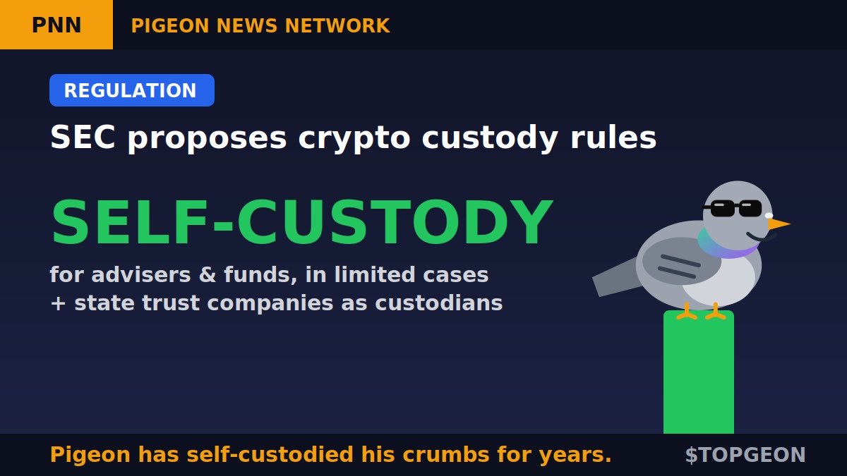TopPigeonSOL's tweet photo. The SEC just admitted its crypto rules "predate the internet." 👀

@SECGov proposed a new crypto custody framework for investment advisers and funds:

🔑 Self-custody allowed in limited cases, when no qualified custodian exists for a token
🏦 State trust companies can act as crypto custodians
📝 60-day public comment period next

The catch: "self-custody" here means advisers holding client crypto, not you holding your own keys.

The pigeon has self-custodied his crumbs for years. 🐦🕶️

Bullish for institutions? Yes or no 👇

$TOPGEON #TOPGEON #SEC #Crypto

💙Like
🔁RT