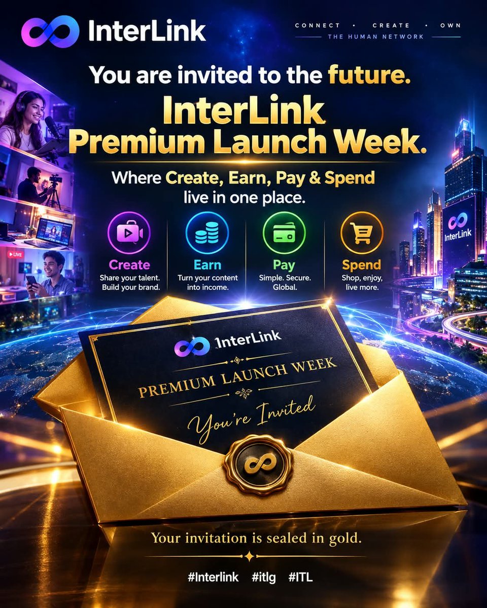 Umakaithi's tweet photo. You are invited to the future.
InterLink Premium Launch Week.
Where Create, Earn, Pay &amp; Spend live in one place.
Your invitation is sealed in gold.

#Interlink #itlg #ITL https://t.co/vemjZTMg5d