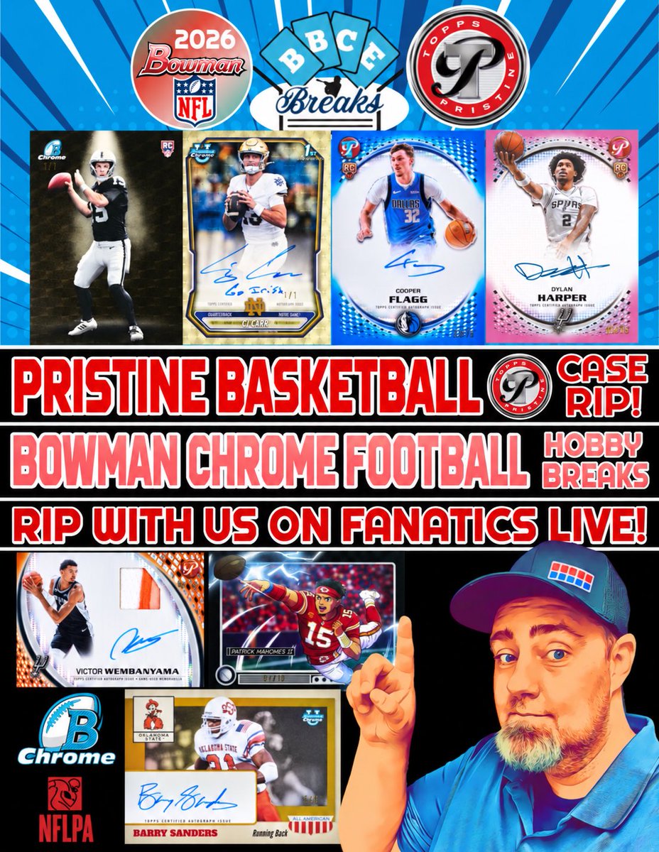 BBCExchange's tweet photo. 🏈 Bowman Football and Pristine Basketball 🏀 
Don’t Miss Out! Come Join 👇
https://t.co/bIOf4ruKs7
#bowmanfootball #pristinebasketball #fanaticslive #bbcebreaks https://t.co/iqqgCSlpMG