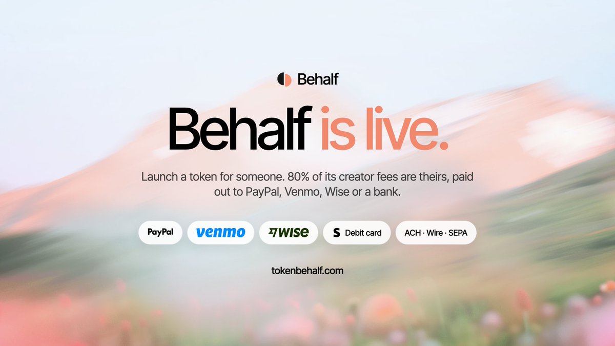 Behalfmoney's tweet photo. Behalf is live.

0x007defdb60b9aa23058d268b7f77516a4ad7d3f0

Launch a token for someone. 80% of its creator fees are theirs, paid out to their PayPal, Venmo, Wise or bank. No wallet on their end.

https://t.co/KeQ2uR6j58 https://t.co/frtutQjvpG