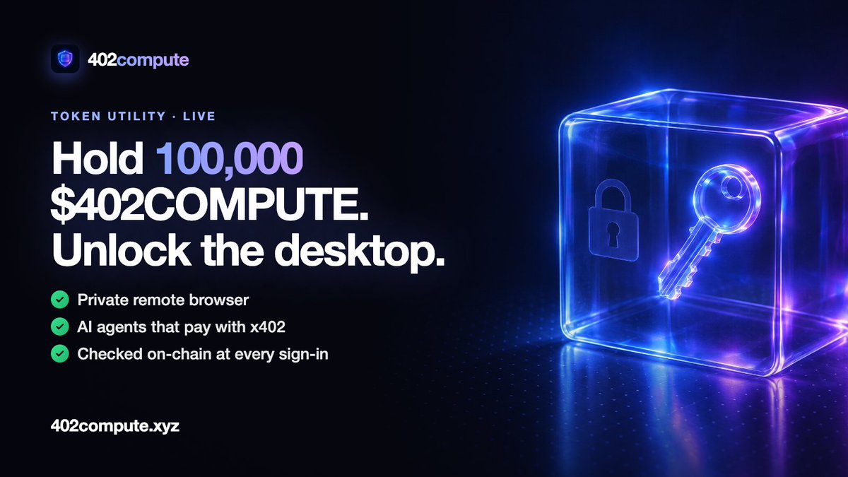 X402_Compute's tweet photo. $402COMPUTE utility is live.

Hold 100,000 $402COMPUTE and your wallet unlocks the 402compute desktop:

→ a private remote browser
→ AI agents that browse and pay with x402
→ wallets you own, keys encrypted in your browser

No staking, no lockup. Your balance is checked on-chain at every sign-in. Drop below the threshold and access closes.

https://t.co/TSbsSoqpPS

CA: 0x853258E2FE104Cd57E9CDC6797F0c3e0C7403747