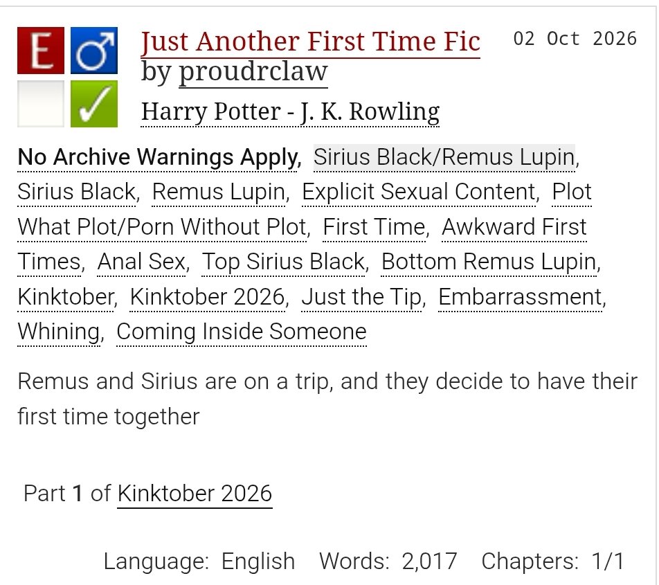 proudrclaw's tweet photo. Juat Another First Time Fic (Literally): https://t.co/Z7LrBzaR2A

Kinktober Day 2.

#Kinktober2026 Prompt: Embarrasment 

#WolfstarKinktober26 
@wolfstarkinktob Prompt: Just the tip
@wolfstarkinktbr Prompt: First time https://t.co/QXysI8t5zV