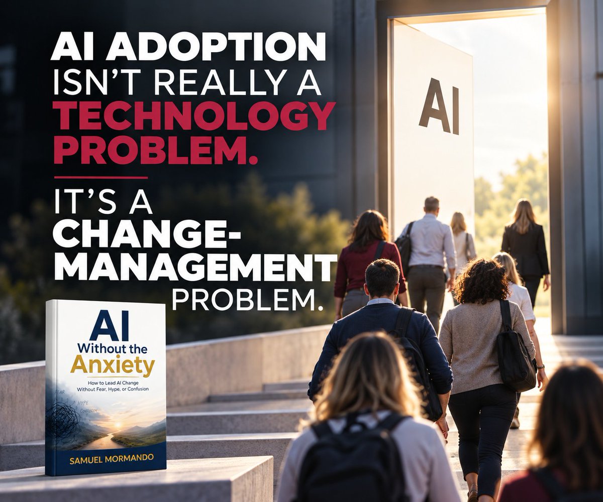 SamMormando's tweet photo. AI adoption isn't really a technology problem. It's a change-management problem.

I think I understood this intellectually when generative AI first arrived. But the more I've worked with teachers and school leaders over the past few years, the more I've come to believe it.

We can give people access to the best AI tools.
We can create guidelines and policies.
We can offer professional learning.
We can show people dozens of ways AI might improve teaching, learning, or their work.

And some people will jump right in. Others won't. Because adoption isn't just about whether someone knows how to use the technology.

It's about trust.
It's about confidence.
It's about whether people understand why we're changing.
It's about whether they feel like change is happening with them or to them.

And sometimes, it's about giving people permission to say, "I'm not comfortable with this yet."

That's why I think one of the biggest mistakes we can make as leaders is assuming that the people who aren't embracing AI simply need more training.

Sometimes they need training.
But sometimes they need to be heard.
Sometimes they need time.
Sometimes they need to see someone they trust use it successfully.

And sometimes they need a leader who's willing to acknowledge that their concerns are legitimate instead of immediately trying to convince them they're wrong.

That's a big part of what led me to write AI Without the Anxiety. The more I thought about AI adoption, the less I thought about the technology. And the more I thought about the people.

Because ultimately, successful AI adoption won't be determined by how quickly we get people using AI. It'll be determined by how well we lead people through the change.