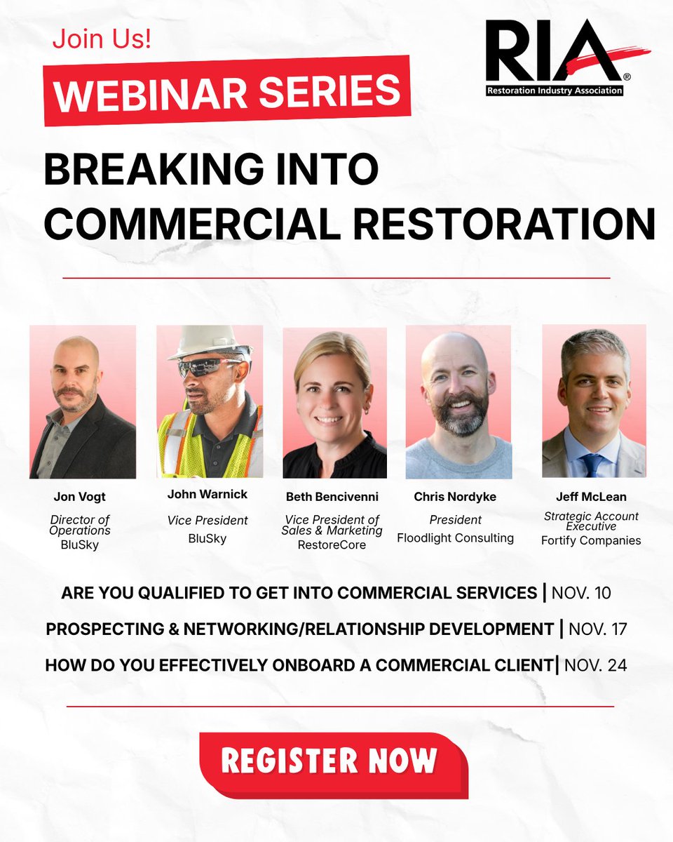 RIAtweets's tweet photo. Our new webinar series, Breaking Into Commercial Restoration, breaks down everything you need to transition from residential work to commercial contracts. Reserve your spot today: https://t.co/Pw8VGMbaaR https://t.co/O5uxpdnxMs