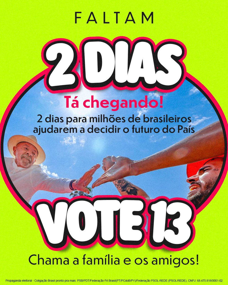 lulaverso's tweet photo. Faltam apenas 2 dias! ⏳🇧🇷

Tá chegando o momento de decidirmos, juntos, o futuro do nosso País. Chama a família, os amigos e todo a gente para esta missão!

Neste domingo, vote 13! ❤️🗳️

DOMINGO É 13
AGORA É LUIZ INÁCIO 
LULA REELEITO https://t.co/Vz4LFZBkD7