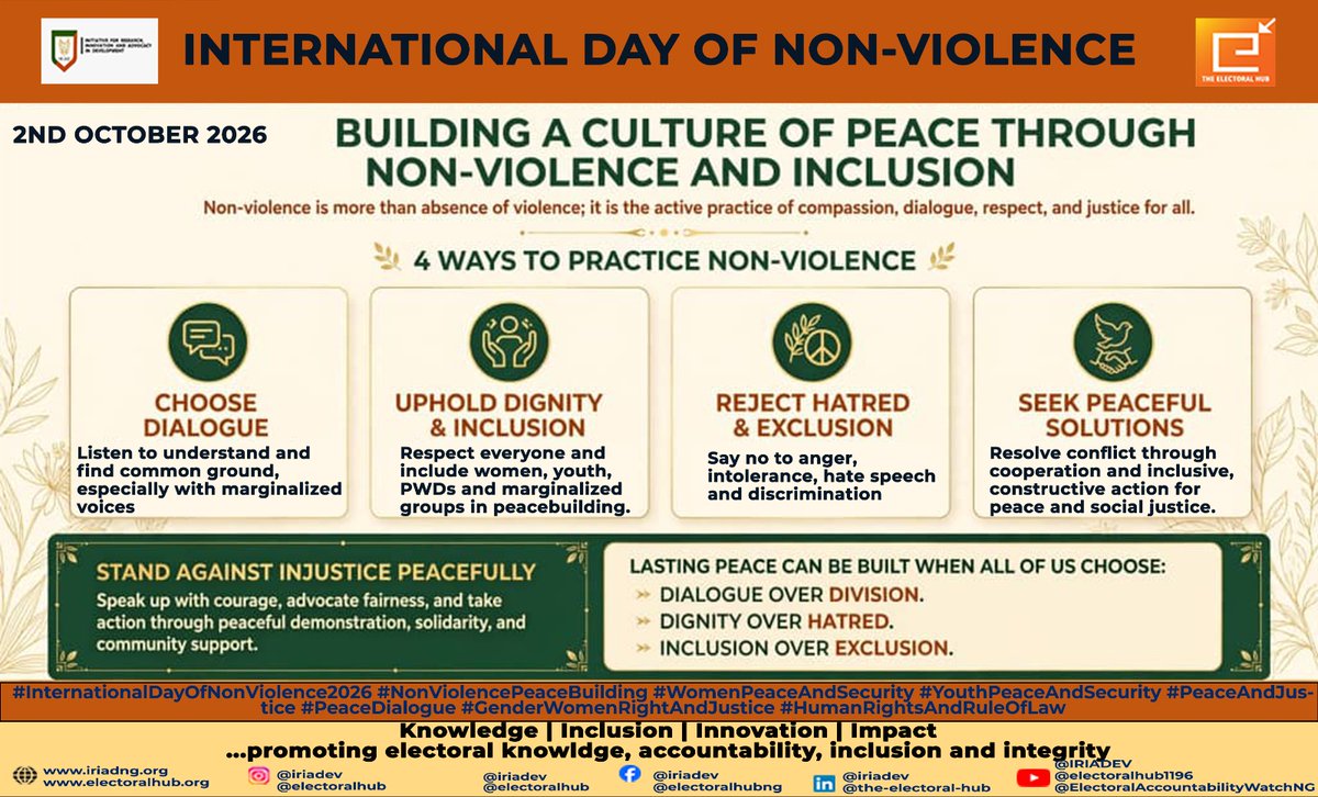 IRIADEV's tweet photo. Celebrating International Day of Non-Violence
Non-violence means choosing peaceful, inclusive and just ways to address differences and challenge injustice. It calls for dialogue, respect and action that protects the dignity of all.
@ElectoralHub @UN @AfPeacebuilding @GlobalPeace https://t.co/r9821F7elN