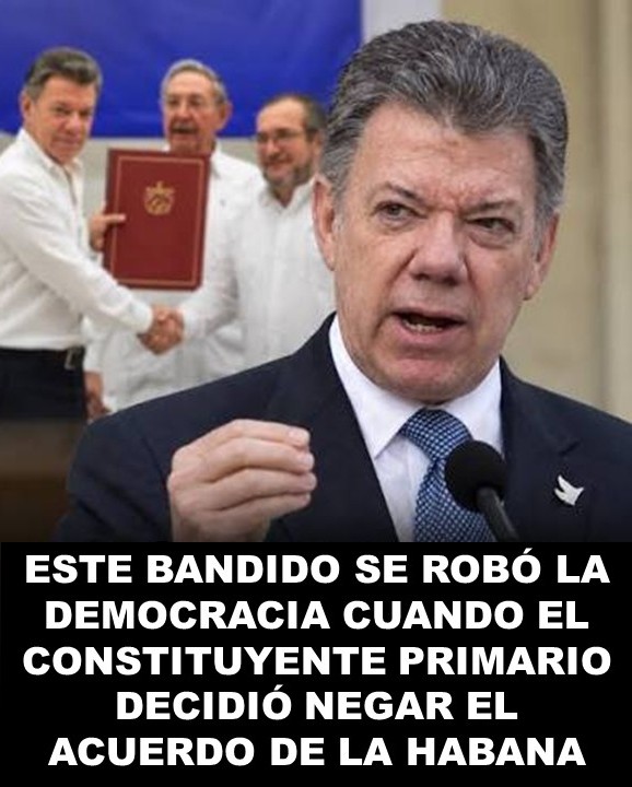 Mariano_OspinaP's tweet photo. 2016 HOY HACE 10 AÑOS SE ROBARON LA DEMOCRACIA COLOMBIANA
Juan Manuel Santos convocó un plebiscito sobre los Acuerdos de paz en La Habana. Por tan solo 53.894 votos se impuso el NO al acuerdo.
Sin embargo, este se implementó a pesar de la victoria del "No" mediante una combinación de estrategias leguleyas que violaron la constitución colombiana con el beneplácito de la Corte Constitucional, la cual a su vez, hizo caso omiso del constituyente primario, cuya decisión es absoluta e inapelable