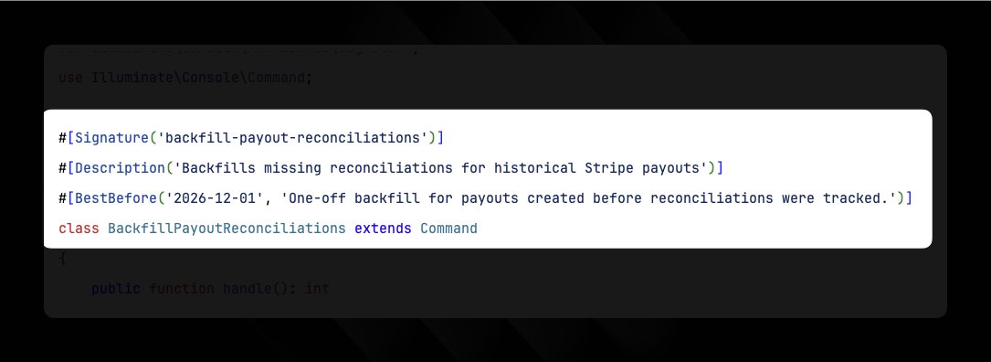 _duncanmcclean's tweet photo. Just published Best Before, a package to make sure temporary code, like backfill commands, is deleted instead of hanging around for years.

Plop #[BestBefore('2026-12-25')] on a class or a method and CI will fail once it's gone off. Like out-of-date milk! 🥛 https://t.co/7omOGjL0qG