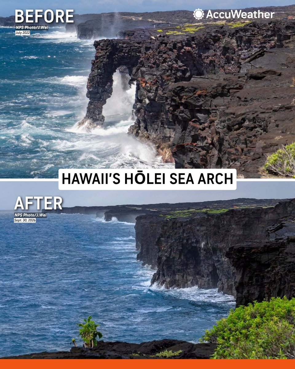 accuweather's tweet photo. Hawaii’s iconic Hōlei Sea Arch has collapsed into the Pacific Ocean, disappearing from the coastline during a stretch of repeated tropical storms and hurricanes. https://t.co/B2axAgnHqF https://t.co/9YA8k1Q1Dn