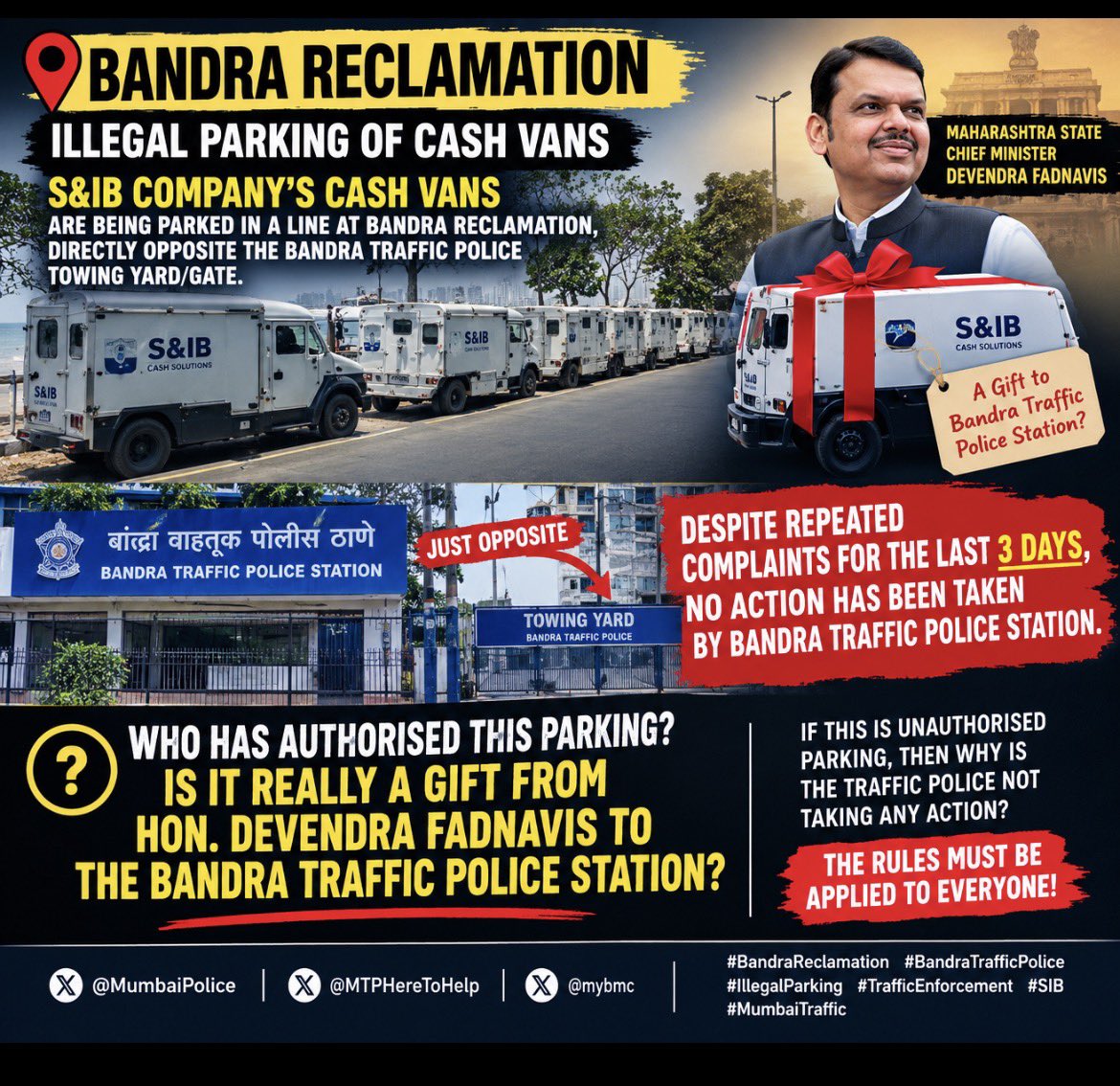AwaazOfMumbai's tweet photo. Cash vans reportedly belonging to S&IB are being parked in a line at Bandra Reclamation, directly opposite the Bandra Traffic Police towing yard/gate.

Despite repeated complaints for the last 3 days, no visible enforcement action appears to have been taken.

At this point, the public is left wondering: Who has authorised this parking, and why is action not being taken?

Is it possible that these cash vans have been “gifted” to the Bandra Traffic Police Station by Hon. Maharashtra CM @CMOMaharashtra @Dev_Fadnavis , which is why the vehicles appear to be receiving special treatment?

If this is unauthorised parking, please clarify why the rules are seemingly not being enforced.

@MumbaiPolice @MTPHereToHelp

#BandraReclamation #BandraTrafficPolice #IllegalParking #TrafficEnforcement #SIB #MumbaiTraffic