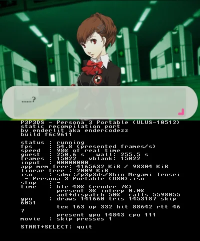 SrLinguicaVIVE's tweet photo. Persona 3 Portable agora está rodando no Nintendo 3DS!

A nova versão do projeto P3P3DS ta rodando entre 30~60fps, ainda tem muitos bugs, problemas com saves etc.

Isso só foi possível graças a recompilação estática! https://t.co/2qwfQzY1vd