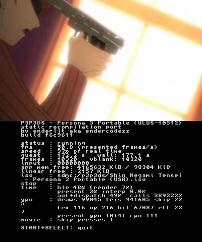 SrLinguicaVIVE's tweet photo. Persona 3 Portable agora está rodando no Nintendo 3DS!

A nova versão do projeto P3P3DS ta rodando entre 30~60fps, ainda tem muitos bugs, problemas com saves etc.

Isso só foi possível graças a recompilação estática! https://t.co/2qwfQzY1vd