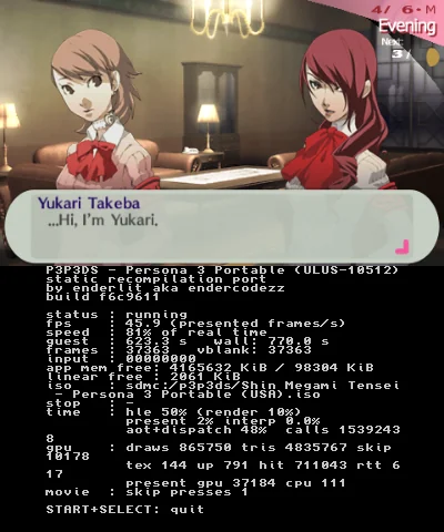 SrLinguicaVIVE's tweet photo. Persona 3 Portable agora está rodando no Nintendo 3DS!

A nova versão do projeto P3P3DS ta rodando entre 30~60fps, ainda tem muitos bugs, problemas com saves etc.

Isso só foi possível graças a recompilação estática! https://t.co/2qwfQzY1vd
