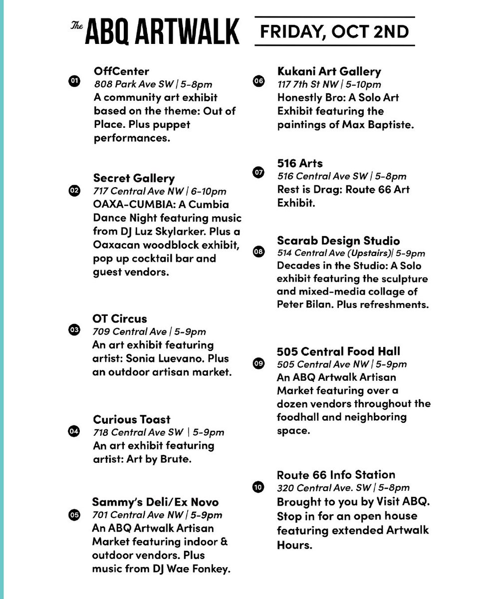 ABQartwalk's tweet photo. TONIGHT IS ABQ ARTWALK 🎃🧟💀
Kick off October with ABQ Artwalk! Grab this month’s map at participating locations or online to navigate tonight’s featured artists, exhibits &amp; events.

See you downtown TONIGHT, 5–9 PM!

🗺️ Map link below ⬇️ 

https://t.co/bBi7BjMOPF https://t.co/9KiYqpyJzO