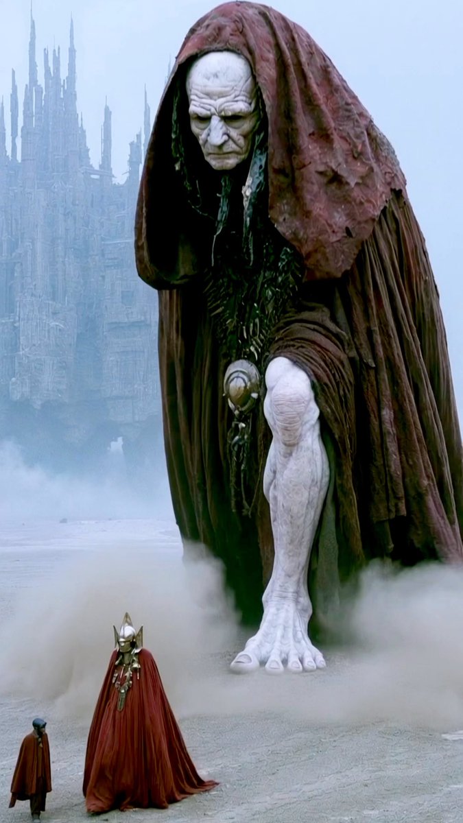 A towering, ghostly figure in a tattered red hooded cloak looms over a small armored warrior and another figure on a misty barren landscape, with dark gothic spires in the background.
