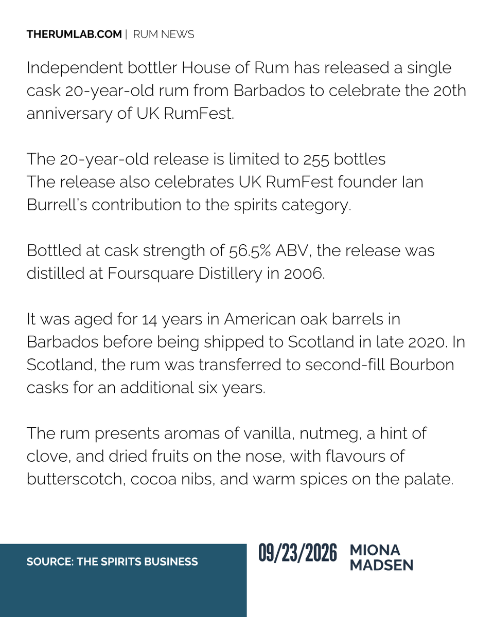 therumpour's tweet photo. RUM NEWS: 
“This is a very exceptional bottling, but it has to be – to mark the important 20th birthday of UK RumFest, the oldest rum festival in the world,” said House of Rum founder David Howarth.
#Latestnews #RumFestivalUK #HouseofRum #barbadosrum https://t.co/3AwOvsZgoo