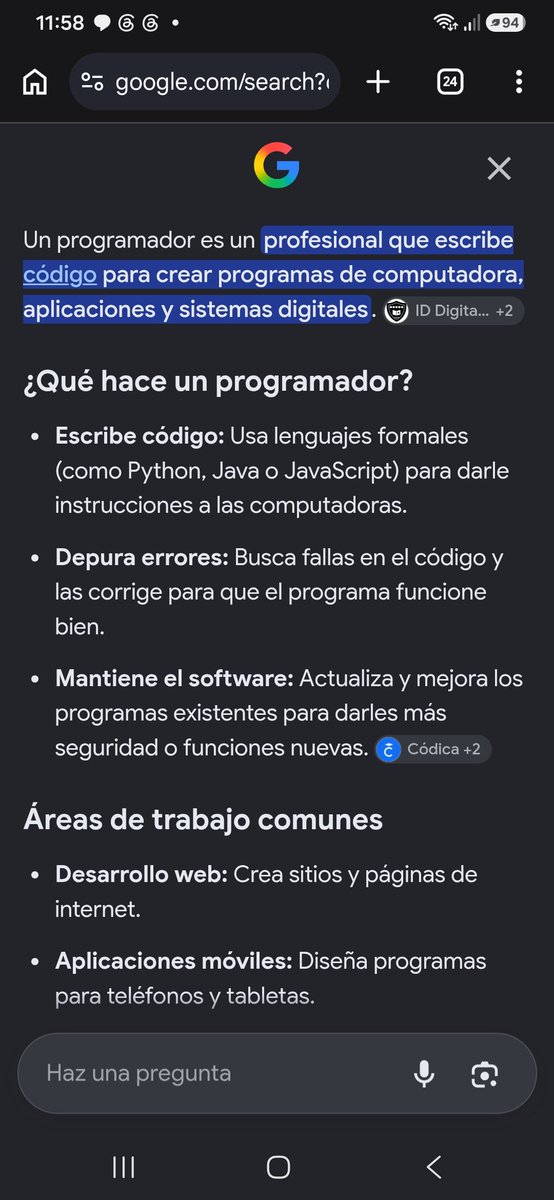 devsynths's tweet photo. @thevicpec Pues empecemos con la definición de programador. (No, no use IA por gusto, es lo que sale en Google).

Si tu ya no escribes código y eso lo hace una IA, entonces no eres programador. https://t.co/VQBjBqIiA7