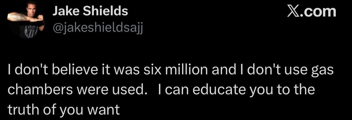 jakespellcheck's tweet photo. I don't believe it was six million and I don't use gas chambers were used.   I can educate you to the truth of you want https://t.co/UPQBZd0D4m