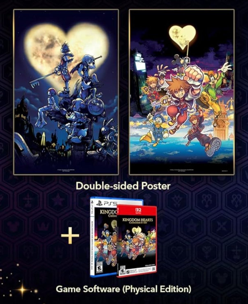 Nintendeal's tweet photo. KINGDOM HEARTS Collection [I–III] is out this week on Switch 2 / PS5 / Xbox

Switch 2 and PS5 physical release pre-orders include reversible cover art and a platform-exclusive Keyblade (Red for SW2, blue for PS5)

Amazon Exclusive Edition includes a double-sided poster: https://t.co/fS8duehAJ7 #ad

Best Buy: https://t.co/pk59ZQGx8U
Walmart: https://t.co/VnBOX353kW
Target: https://t.co/2ueBBP2YWy

128GB download required for Switch 2 (too big to fit on a game card). Download is also required for PS5 as it's also too big for a single disc.
